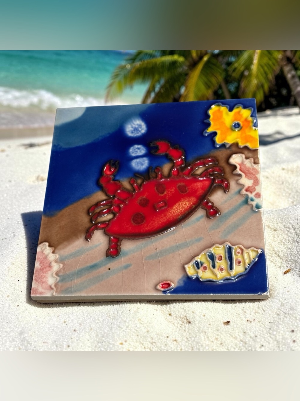 Cape Shore Hand Painted 3D Ceramic Art Tile Red Crab Beach Ocean Sea Shells
